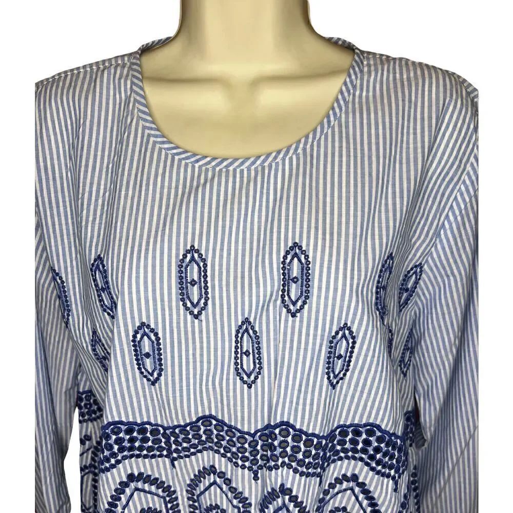 Masai Blue Striped Embroidered Eyelet Shirt NWT Size M